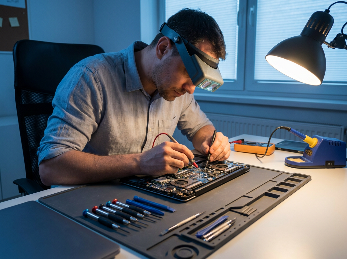 Técnico da Reuel Informática realizando diagnóstico em placa de notebook